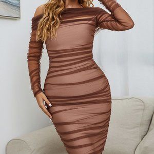 Off-Shoulder Ruched Long Sleeve Tulle Dress